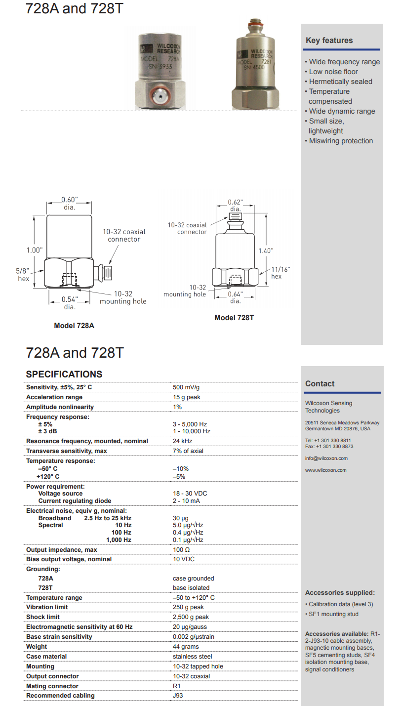 威爾康森高靈敏度，低噪音的加速度振動計詳細參數