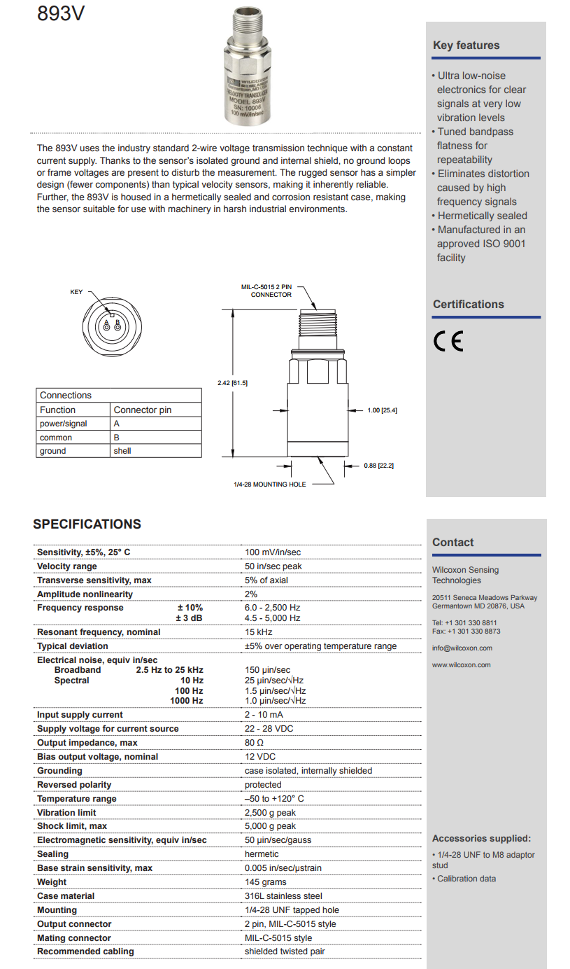 威爾康森壓電式速度振動傳感器技術參數