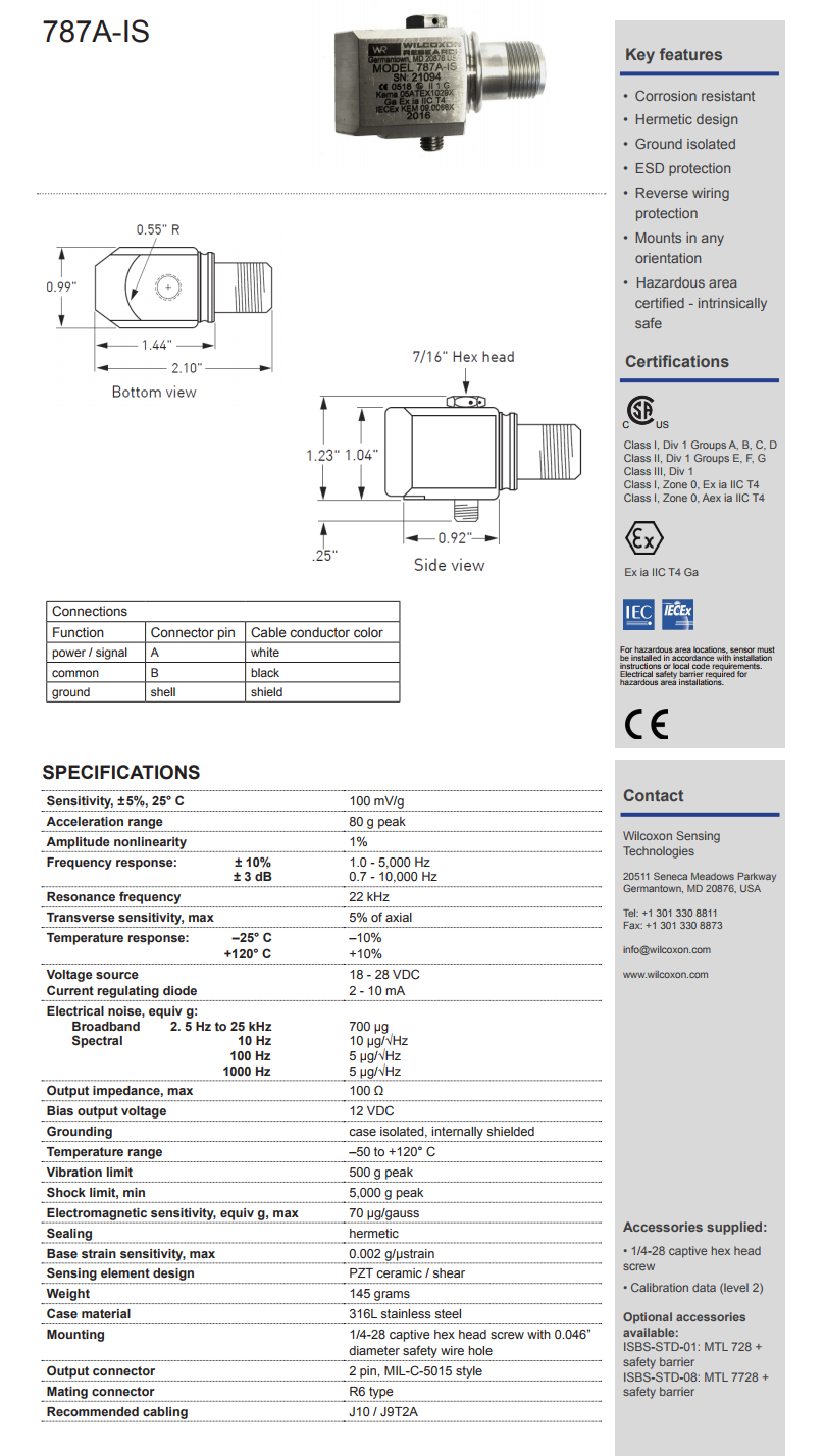 威爾康森標準加速振動計787A-IS型技術參數