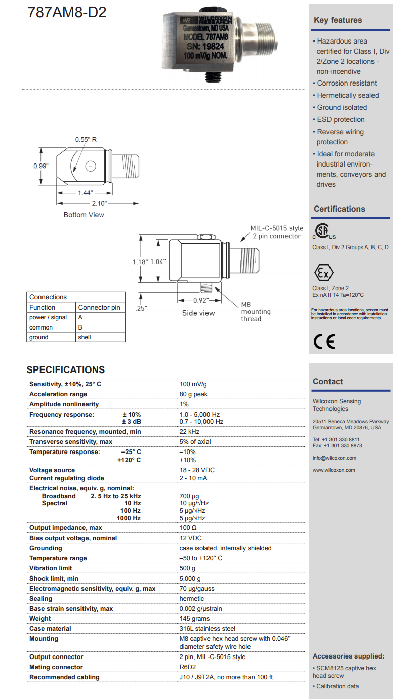 威爾康森標通用加速度振動計787A-M8-D2型技術參數