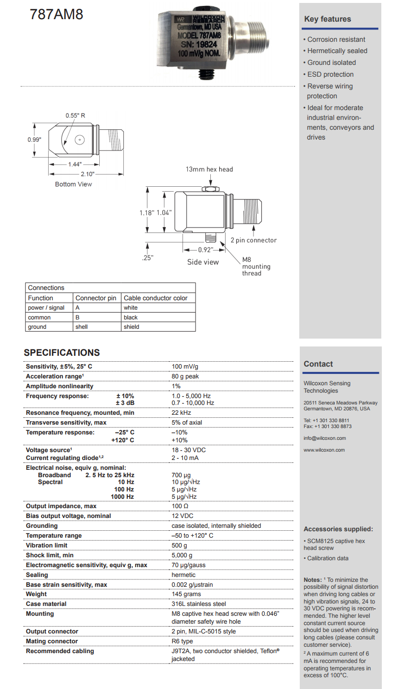威爾康森通用加速度振動計787A-M8型技術參數