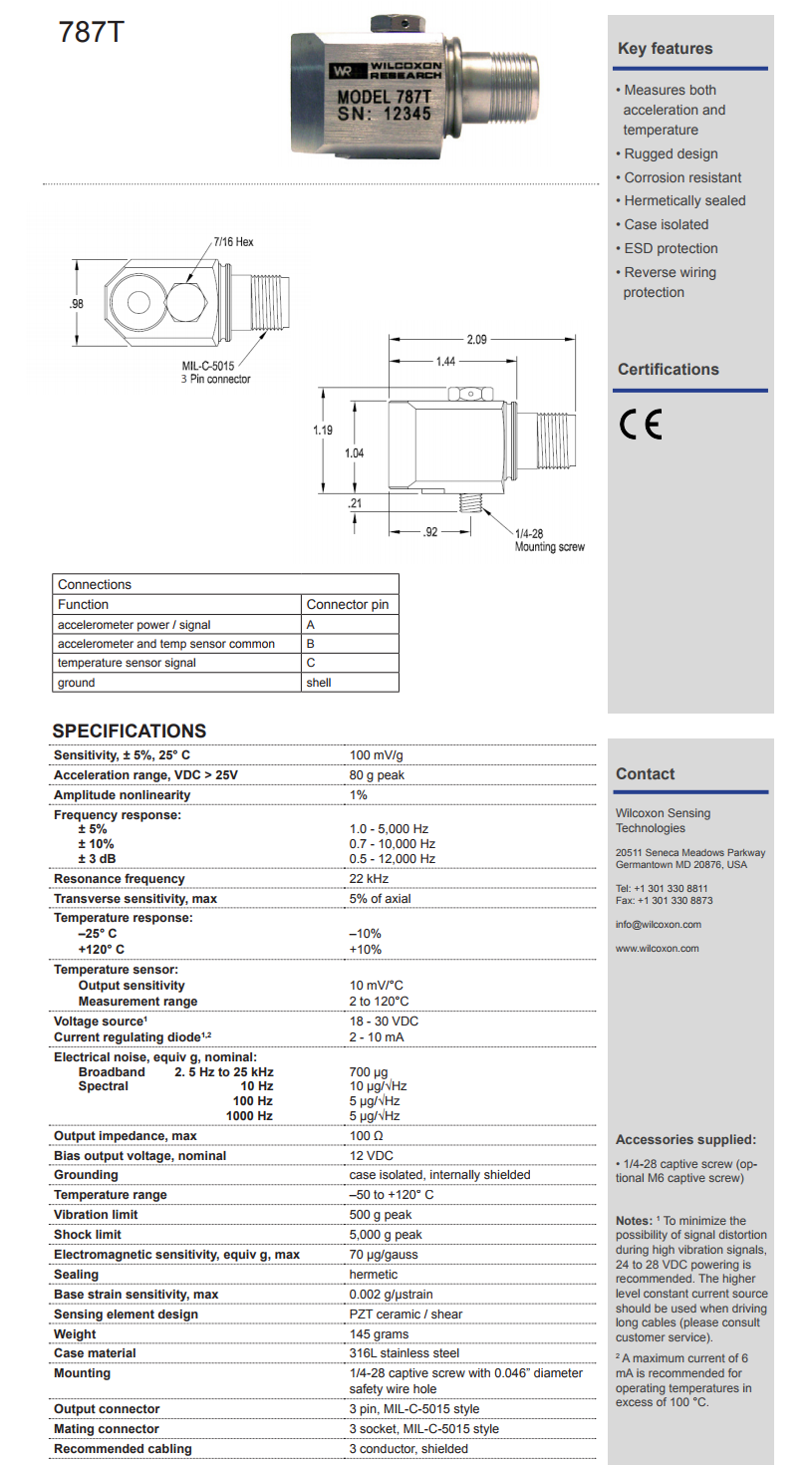威爾康森加速度+溫度雙輸出振動(dòng)傳感器787T型技術(shù)參數(shù)