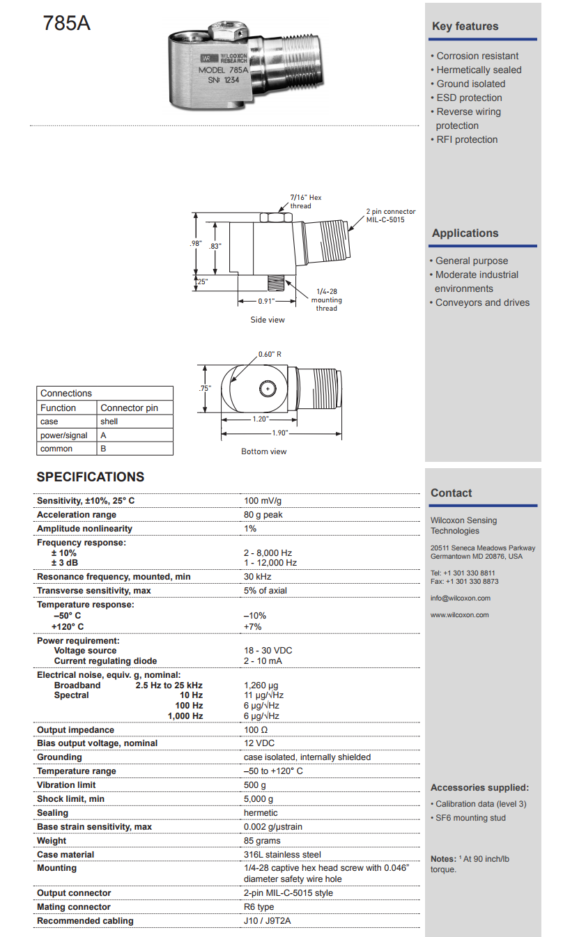 威爾康森經(jīng)濟加速振動計785A型技術參數(shù)