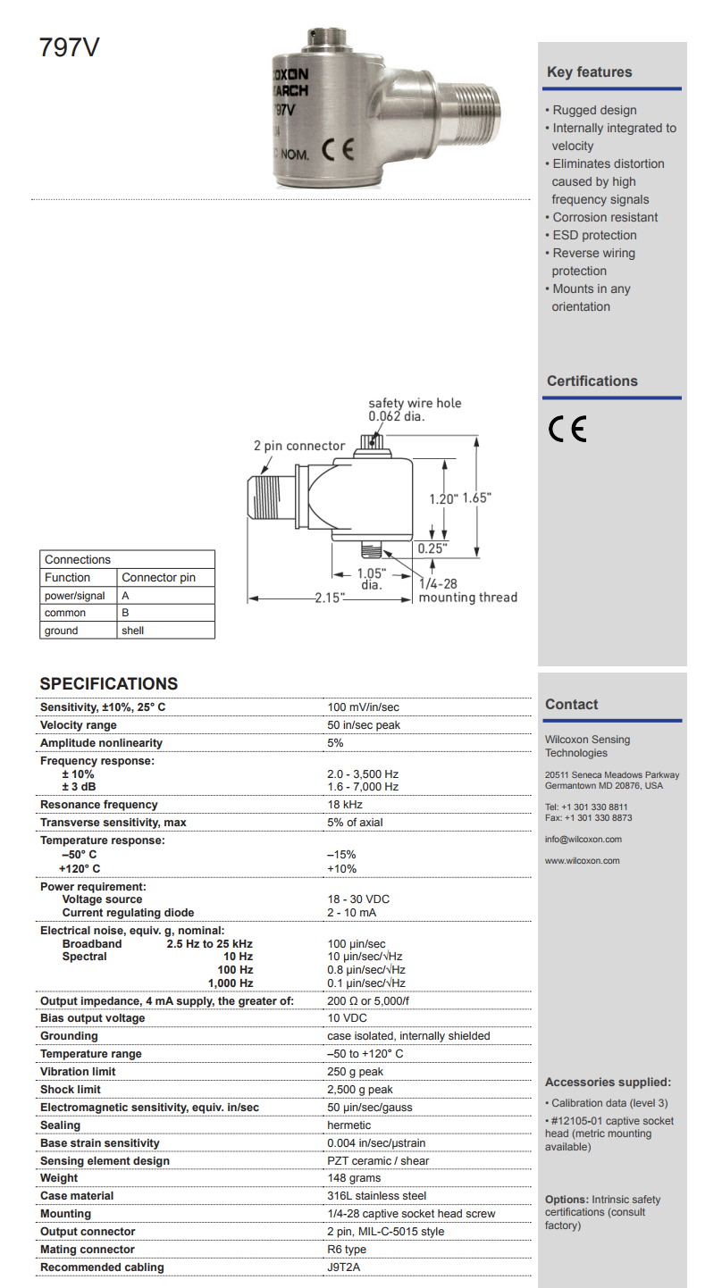 威爾康森高級加速度振動計797V型技術參數