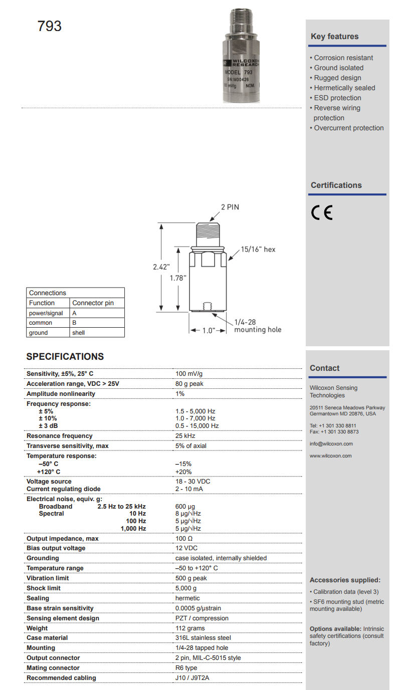 威爾康森高級加速度振動計793型技術參數
