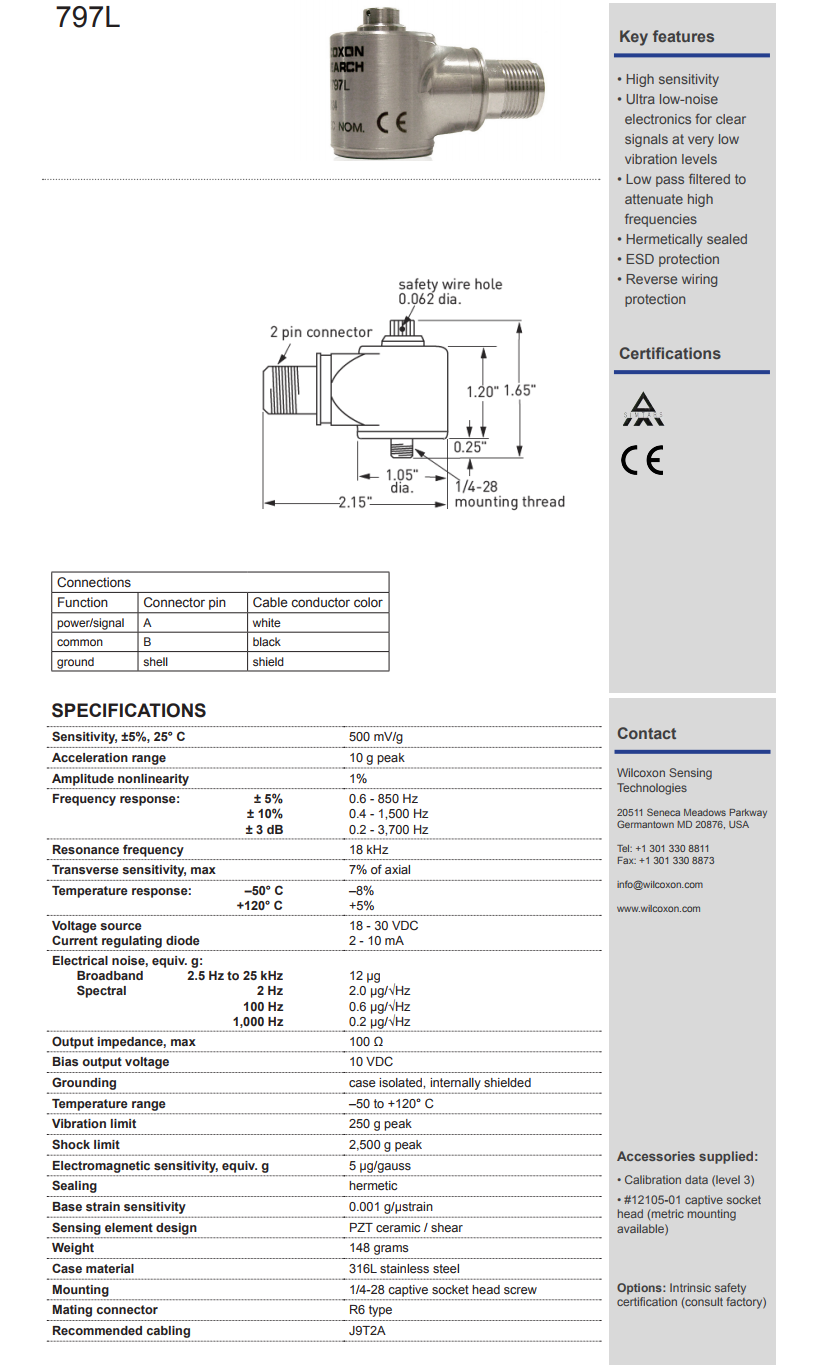 威爾康森高級振動傳感器797L型技術參數