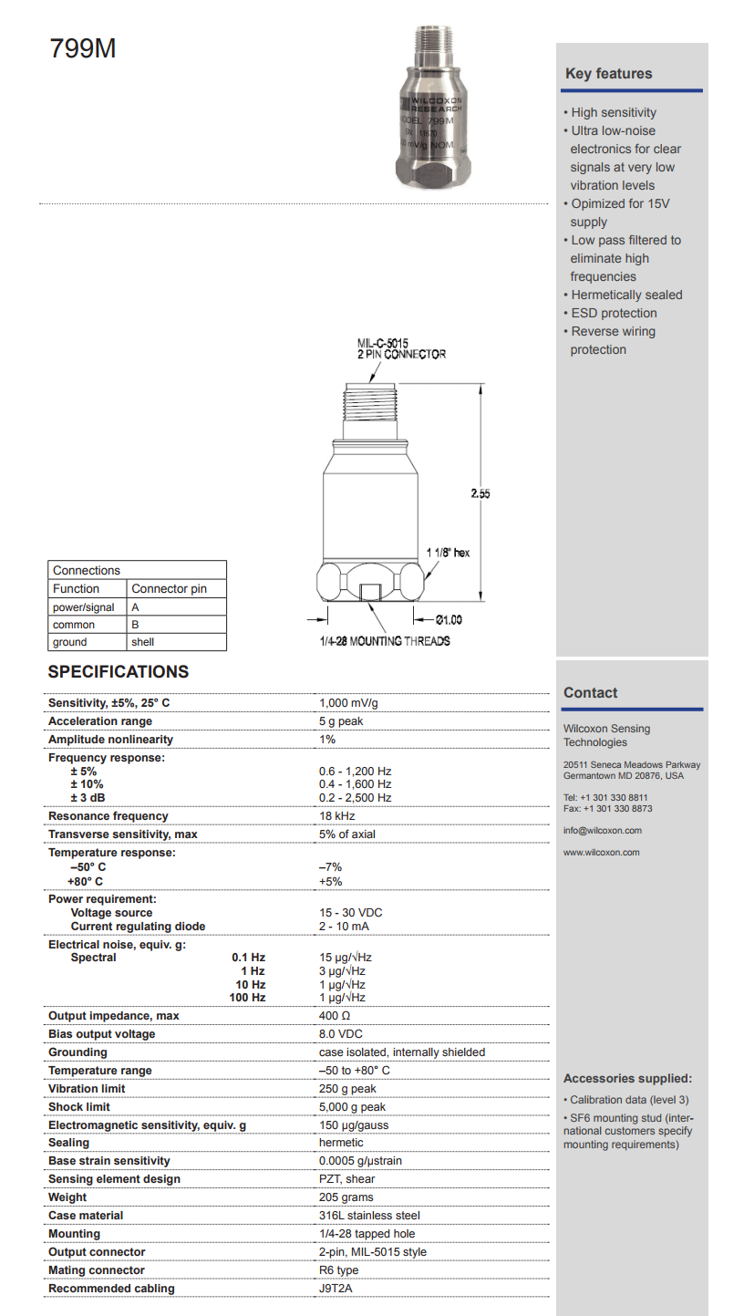 威爾康森優(yōu)質(zhì)過濾，高靈敏度振動(dòng)傳感器799M型技術(shù)參數(shù)