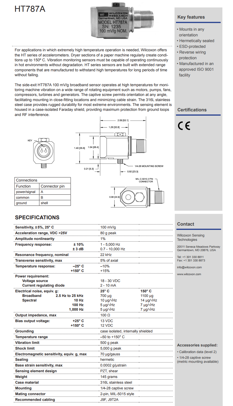 威爾康森高溫加速度振動(dòng)計(jì)HT787A型技術(shù)參數(shù)
