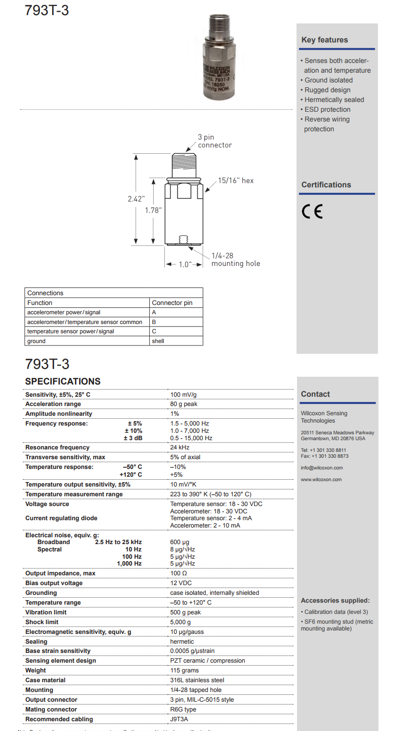 威爾康森高級(jí)雙輸出振動(dòng)傳感器793T-3型技術(shù)參數(shù)