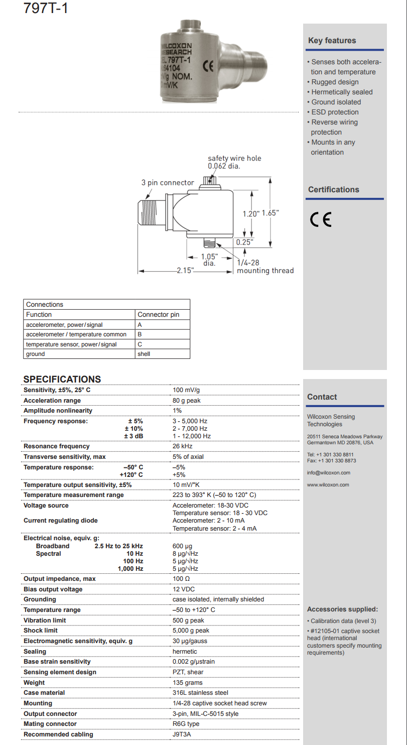 威爾康森高級雙輸出振動傳感器797T-1型技術參數