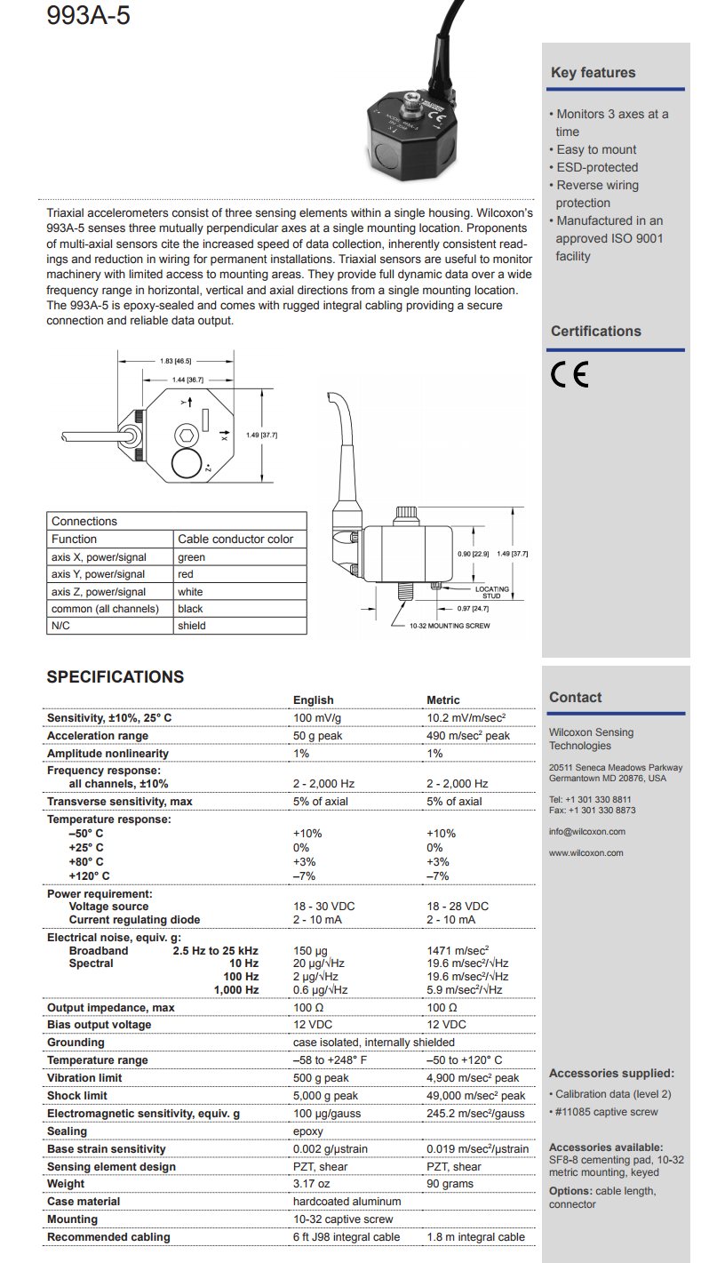 威爾康森帶有整體電纜的三軸加速度振動計技術參數