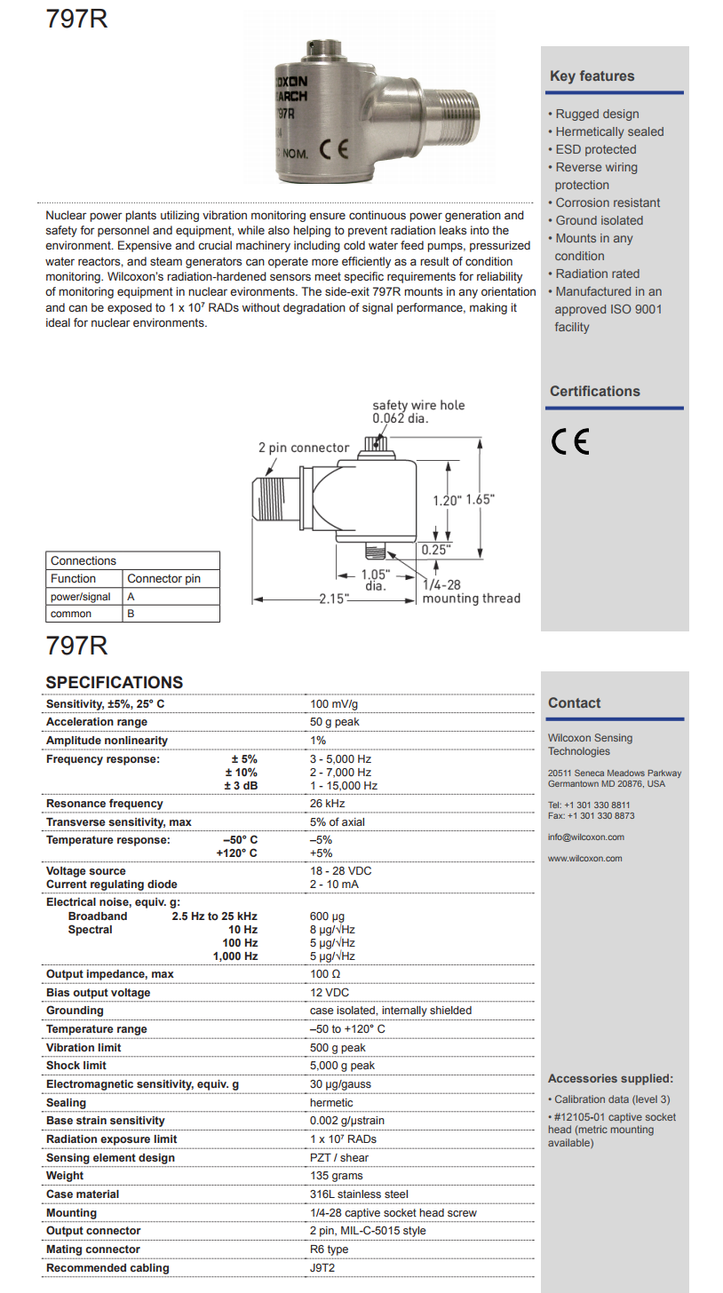威爾康森抗輻射低頻振動傳感器797R型技術參數