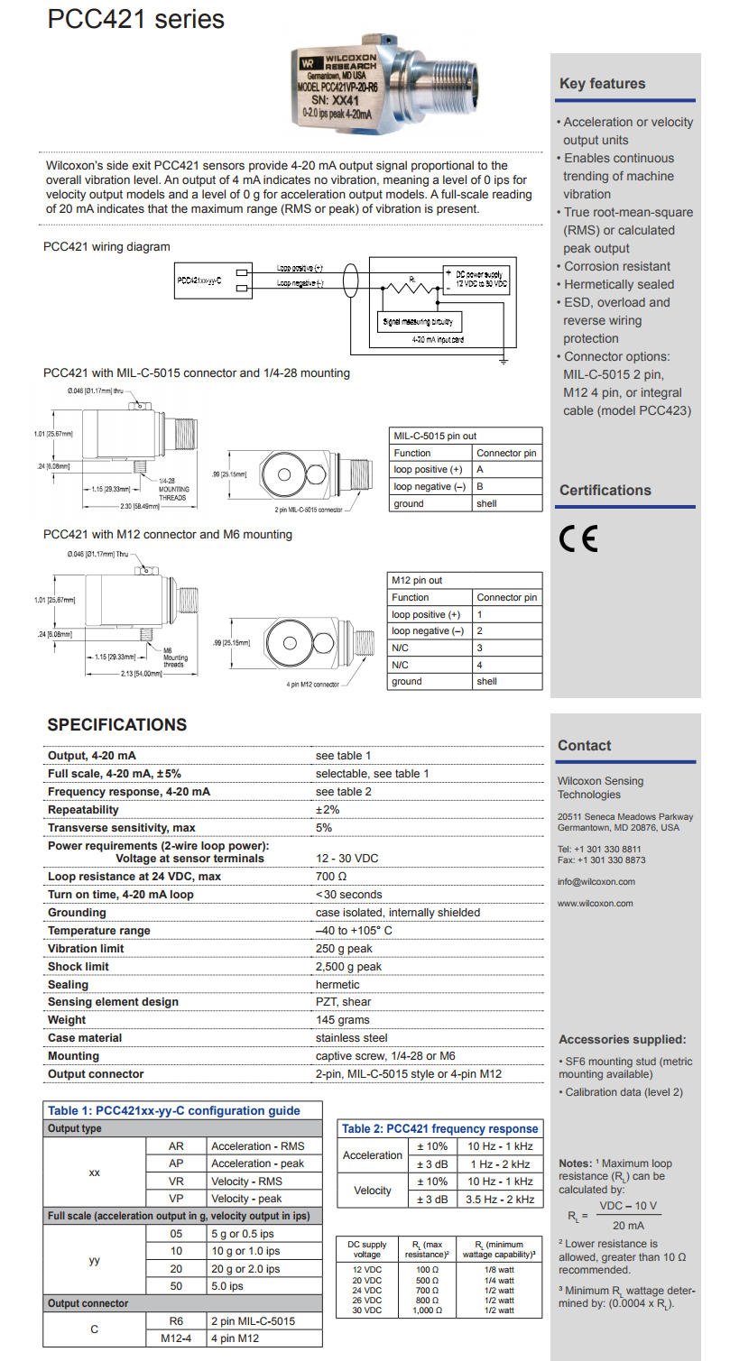 威爾康森4-20mA回路供電振動(dòng)傳感器PCC421AR-05-M12-4型技術(shù)參數(shù)