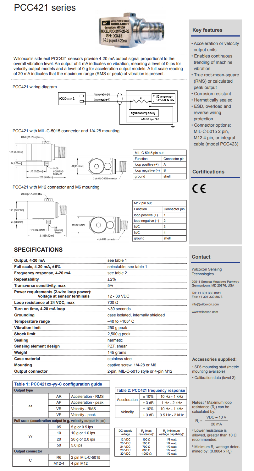 威爾康森4-20mA回路供電振動傳感器PCC421VR-10-M12-4型技術參數