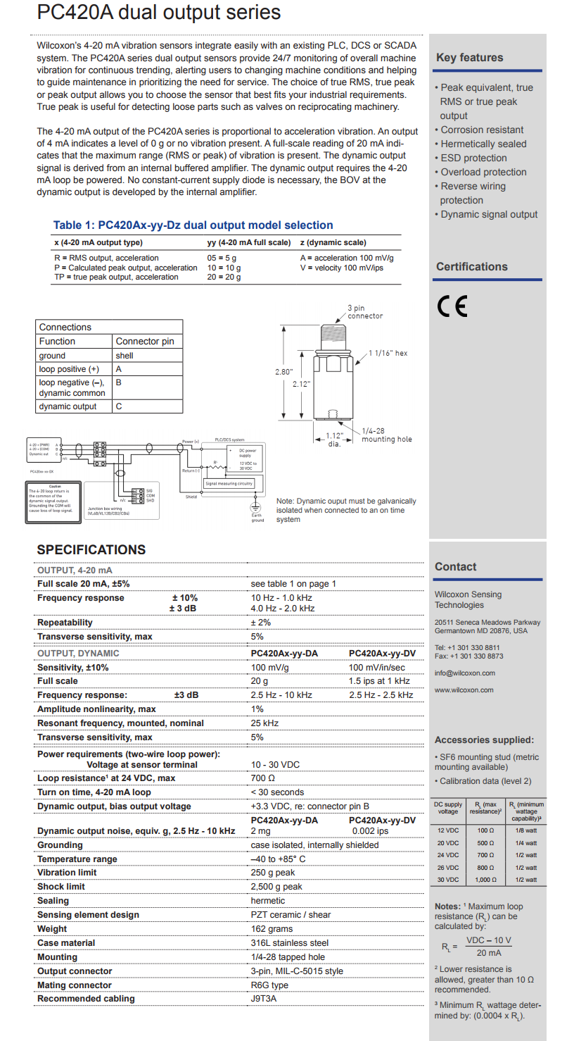 威爾康森4-20mA回路供電振動傳感器，帶動態(tài)振動輸出PC420AP-20-DA型技術(shù)參數(shù)
