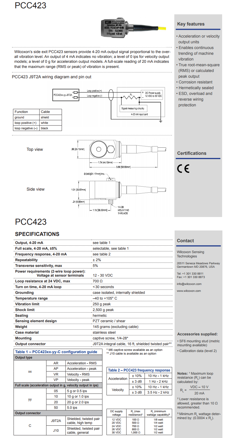 威爾康森4-20mA回路供電振動傳感器PCC423VP-10-J9T2A型技術參數