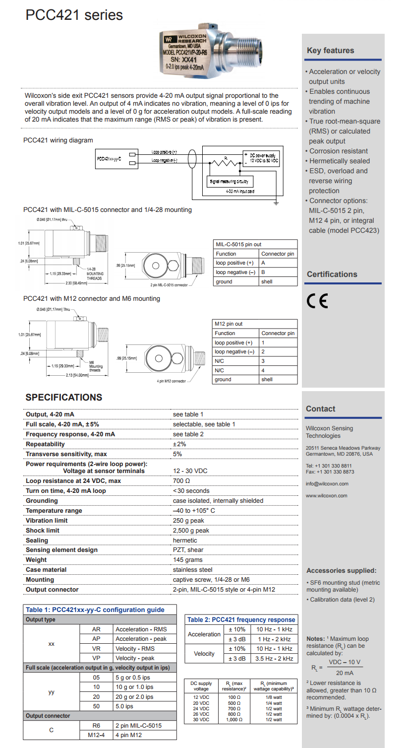 威爾康森4-20mA回路供電振動傳感器PCC421VP-20-R6型技術參數