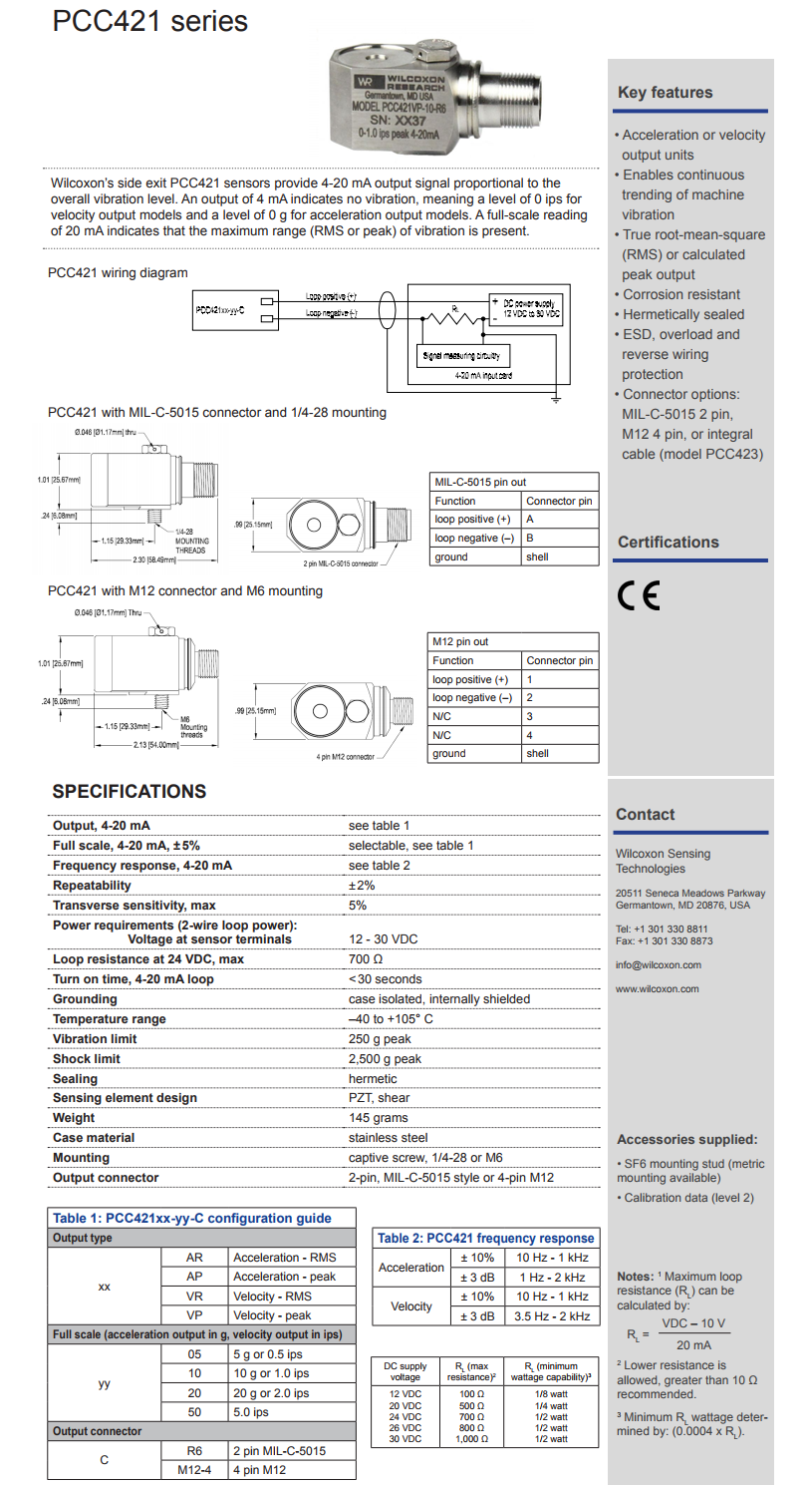 威爾康森4-20mA回路供電振動傳感器PCC421VP-10-R6型技術參數