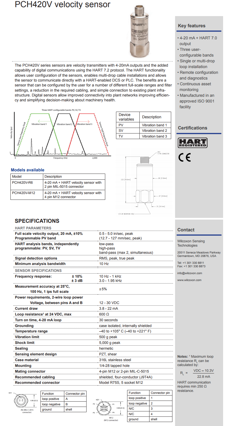 威爾康森支持HART的4-20mA速度振動傳感器PCH420V-M12-HZ型技術參數