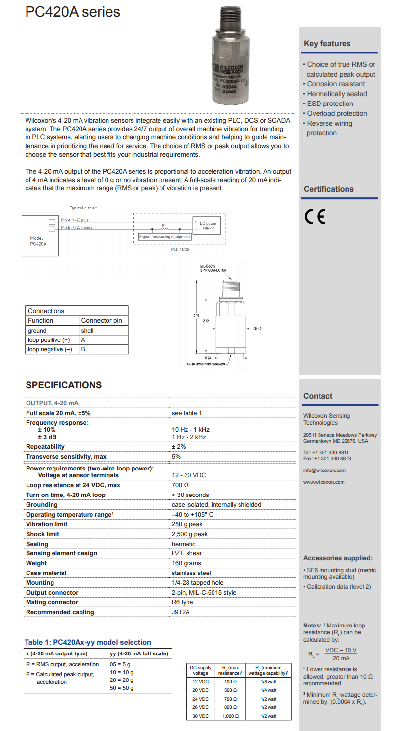 威爾康森4-20mA回路供電振動傳感器PC420AP-10型