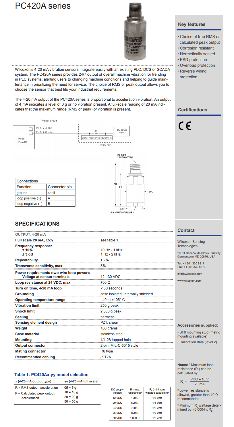 威爾康森4-20mA回路供電振動傳感器PC420AP-50型技術參數