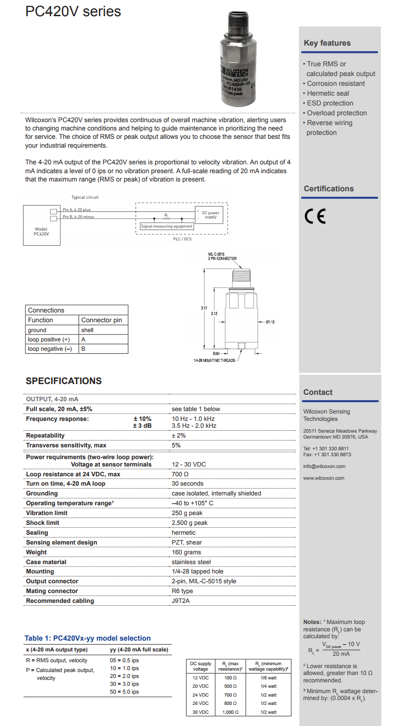 威爾康森4-20mA回路供電振動傳感器PC420VR-05型技術參數