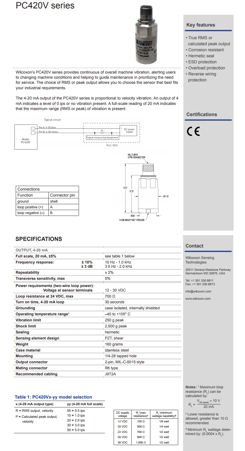 威爾康森4-20mA回路供電振動傳感器PC420VR-20型技術參數