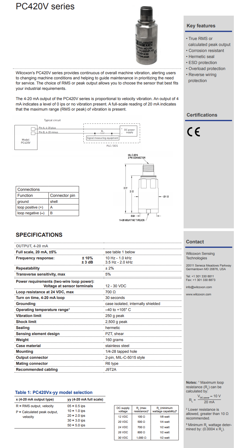 威爾康森4-20mA回路供電振動傳感器PC420VP-10型技術參數