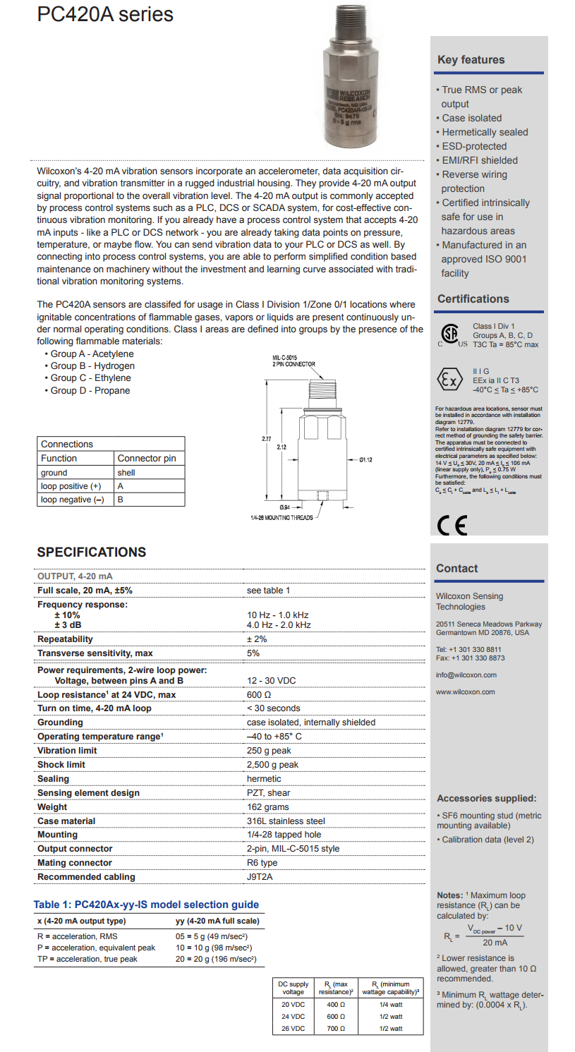 威爾康森回路供電振動傳感器PC420AR-05-IS型技術參數(shù)