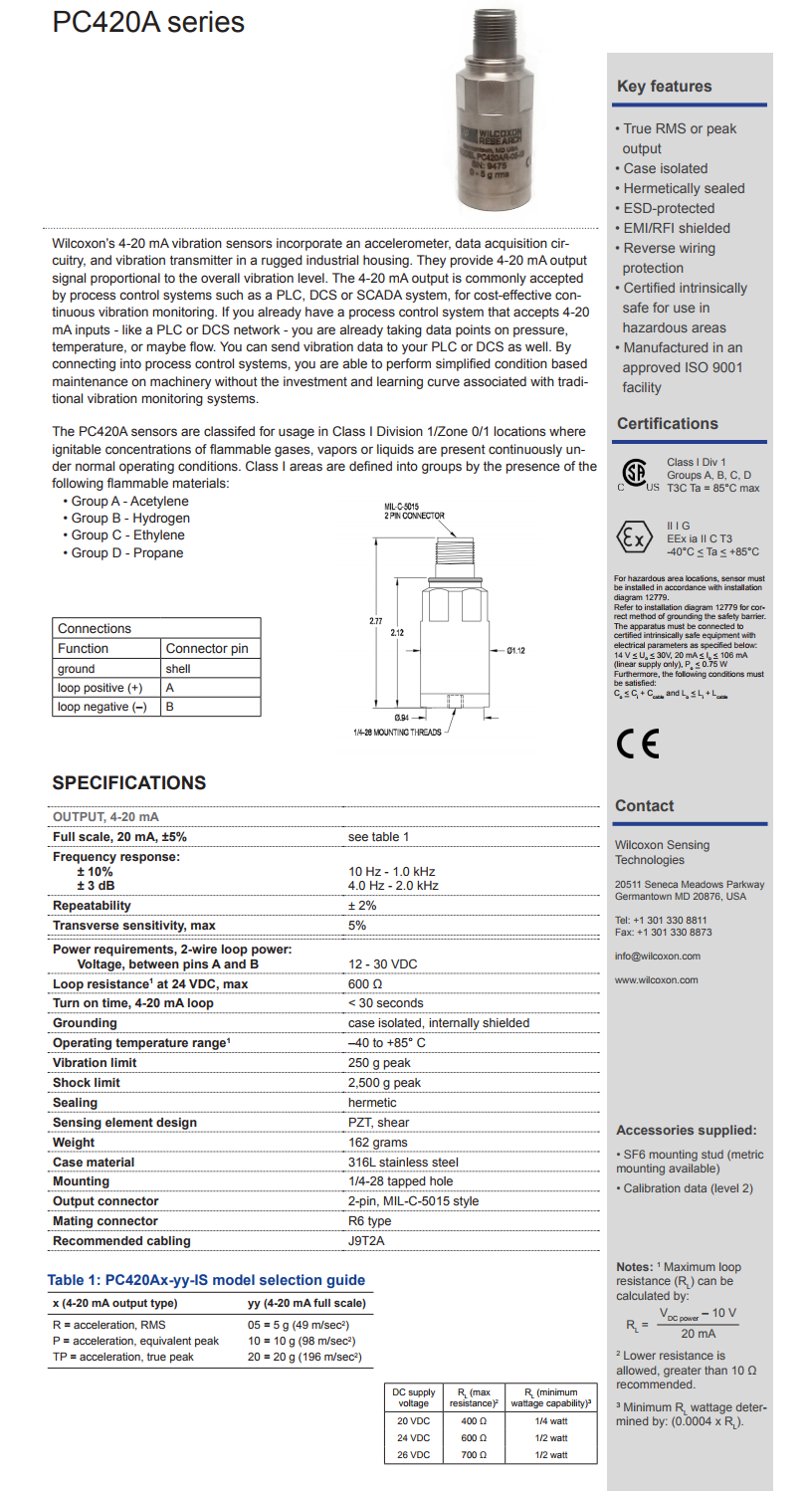 威爾康森回路供電振動傳感器PC420AR-10-IS型技術參數
