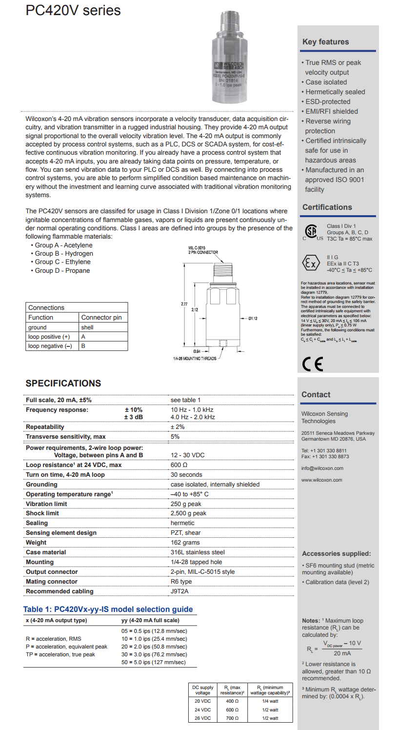 威爾康森回路供電振動傳感器PC420VR-05-IS型技術參數