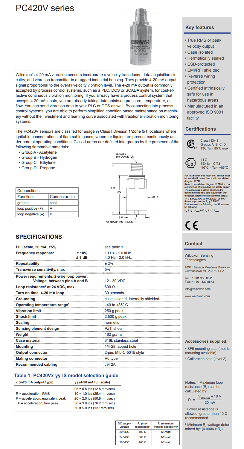 威爾康森回路供電振動傳感器PC420VR-30-IS型技術參數