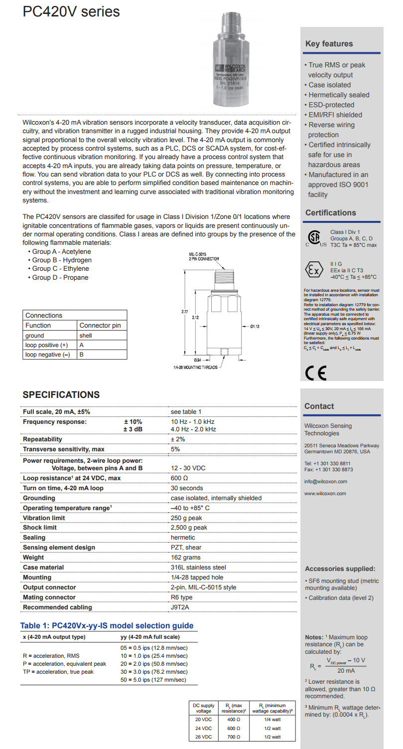 威爾康森回路供電振動(dòng)傳感器PC420VP-30-IS型技術(shù)參數(shù)