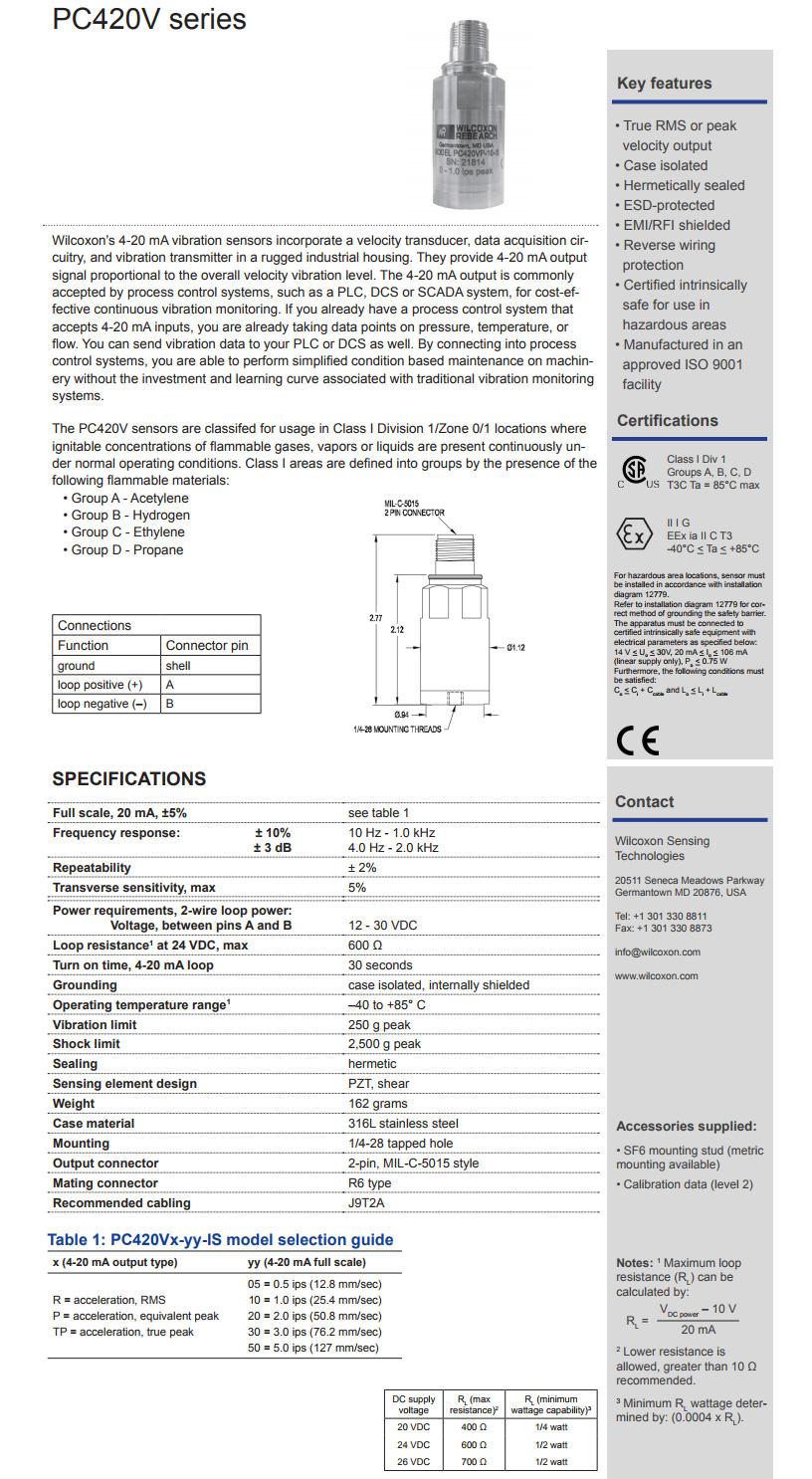 威爾康森回路供電振動傳感器PC420VP-50-IS型技術參數