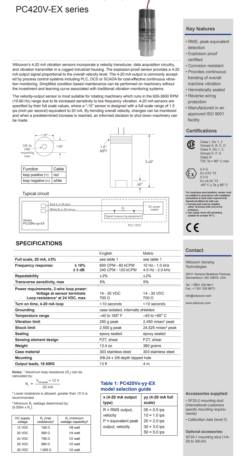 威爾康森回路供電振動傳感器PC420VR-10-EX型技術參數