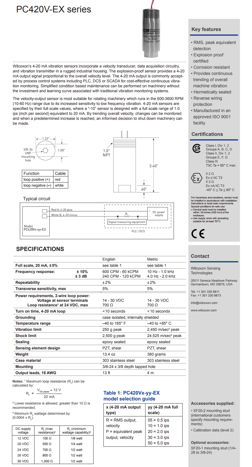 威爾康森回路供電振動(dòng)傳感器PC420VR-20-EX型技術(shù)參數(shù)