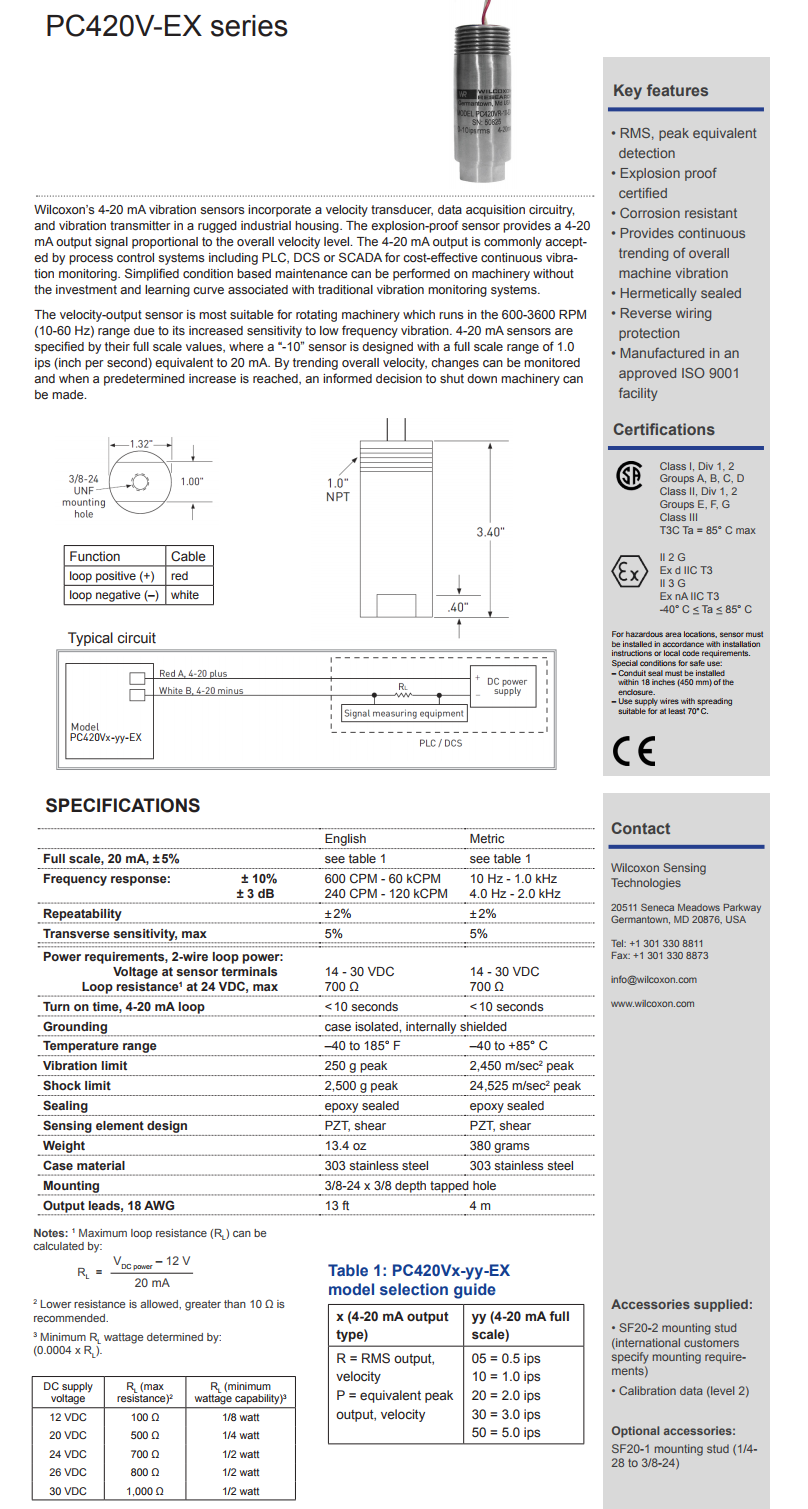 威爾康森回路供電振動(dòng)傳感器PC420VP-05-EX型技術(shù)參數(shù)