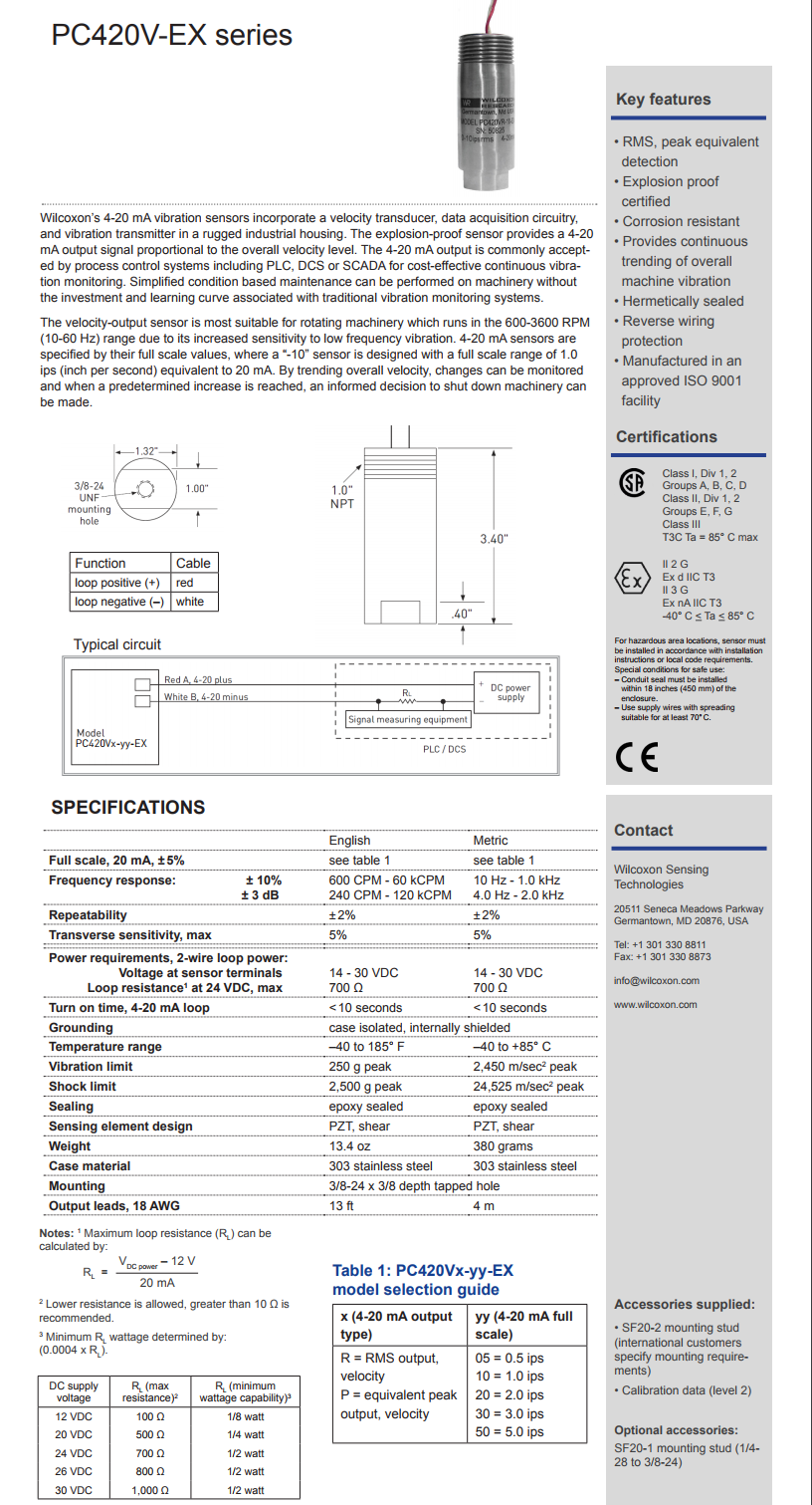 威爾康森回路供電振動傳感器PC420VP-20-EX型技術參數