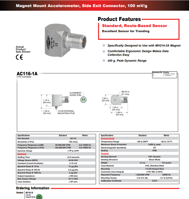 CTC標(biāo)準(zhǔn)尺寸磁鐵安裝加速度振動(dòng)計(jì)AC116技術(shù)參數(shù)