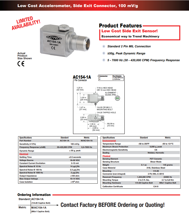 CTC標準尺寸低成本加速度振動計AC154技術參數
