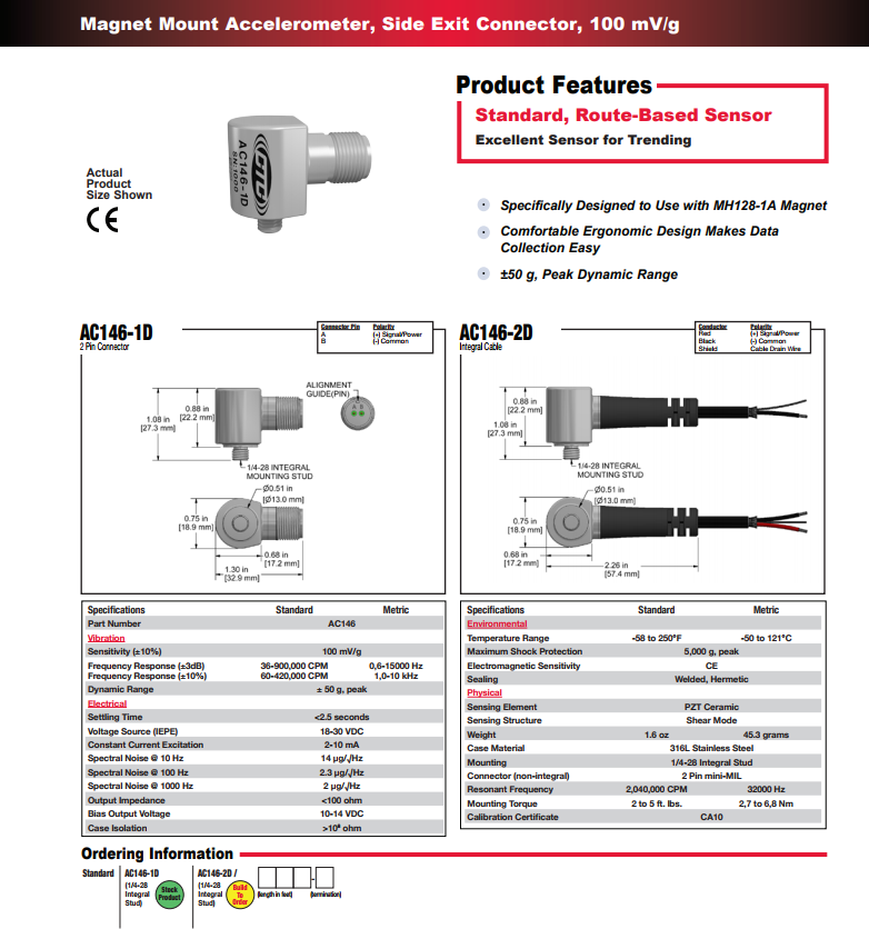 CTC 標(biāo)準(zhǔn)尺寸小側(cè)出口振動傳感器AC146 技術(shù)參數(shù)