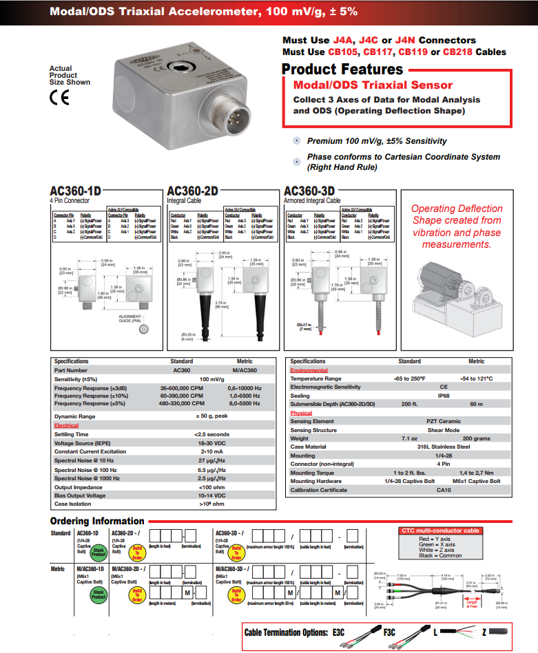 CTC 模態/ ODS三軸加速度振動傳感器AC360技術參數