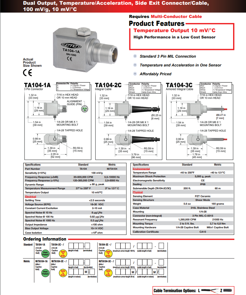 CTC 雙輸出溫度/加速度振動傳感器TA104