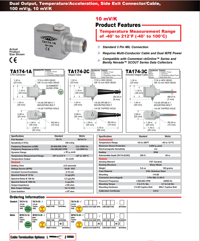 CTC雙輸出，溫度/加速度振動傳感器TA174技術參數