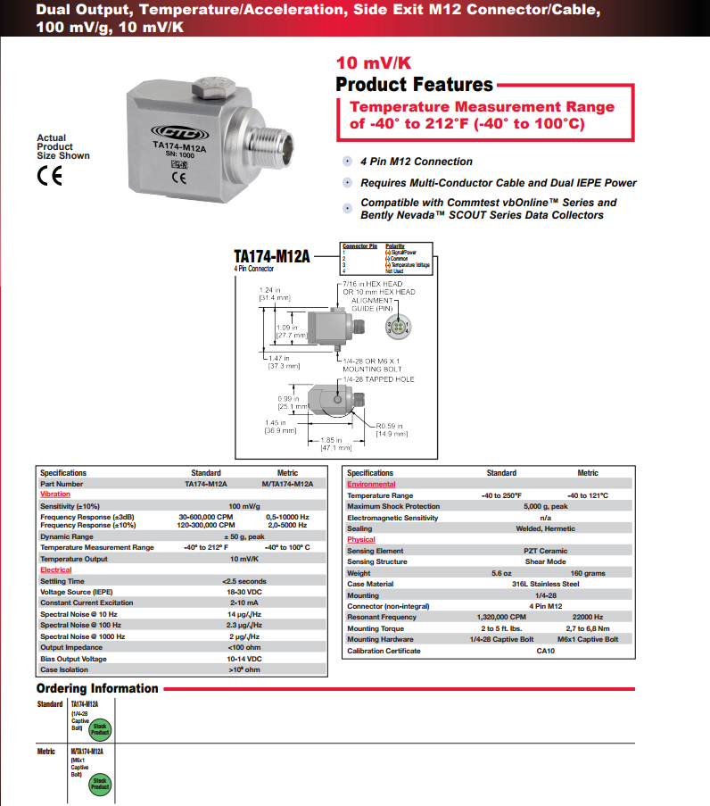 CTC雙輸出，溫度/加速度振動(dòng)傳感器TA174-M12A 技術(shù)參數(shù)