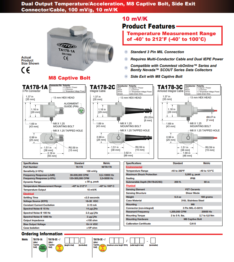 CTC雙輸出溫度/加速度振動傳感器TA178 技術(shù)參數(shù)