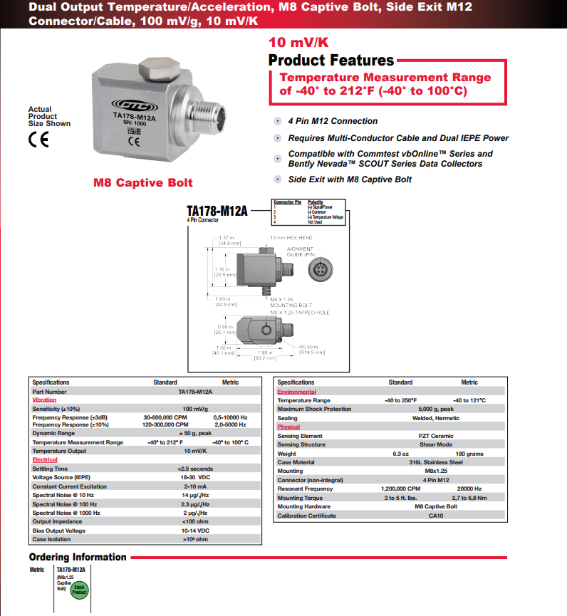CTC 雙輸出溫度/加速度振動傳感器TA178-M12A 技術參數