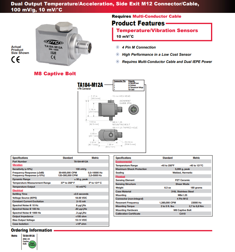 CTC雙輸出溫度/加速度振動傳感器TA184-M12A 技術參數