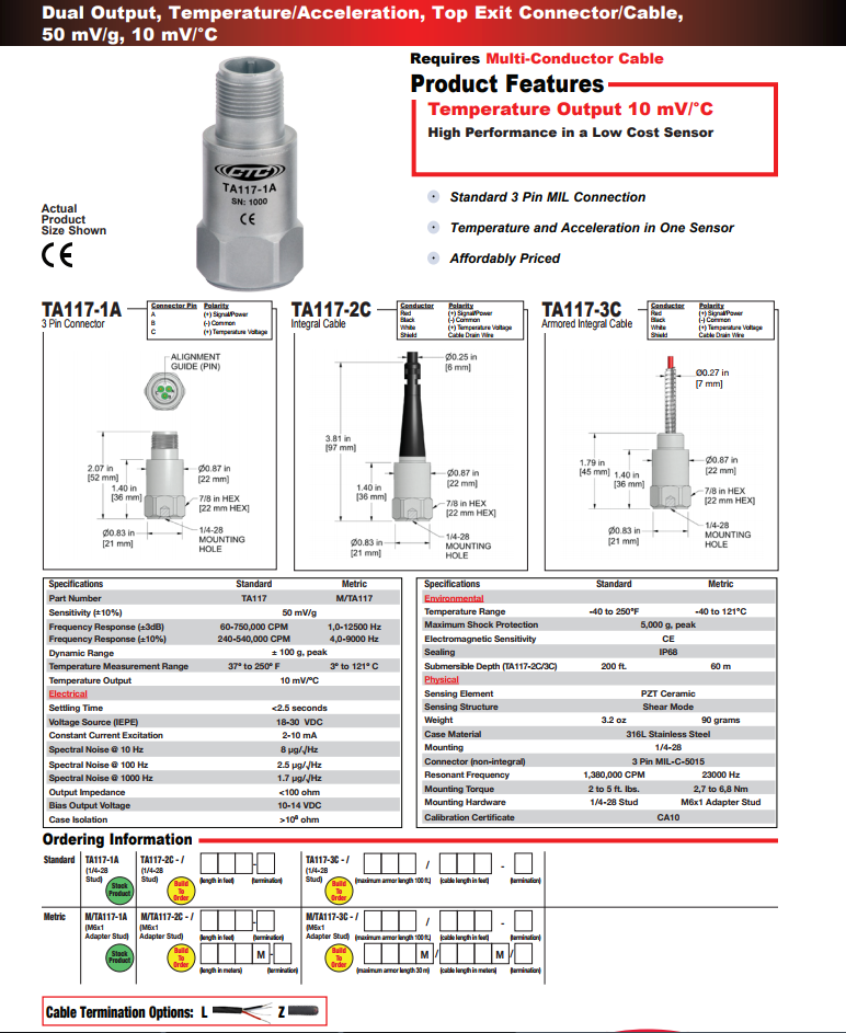 CTC雙輸出溫度/加速度振動傳感器TA117技術(shù)參數(shù)
