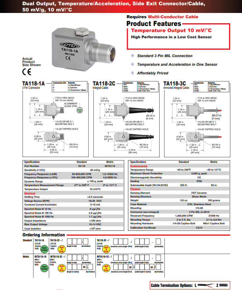 CTC雙輸出溫度/加速度振動傳感器TA118技術參數